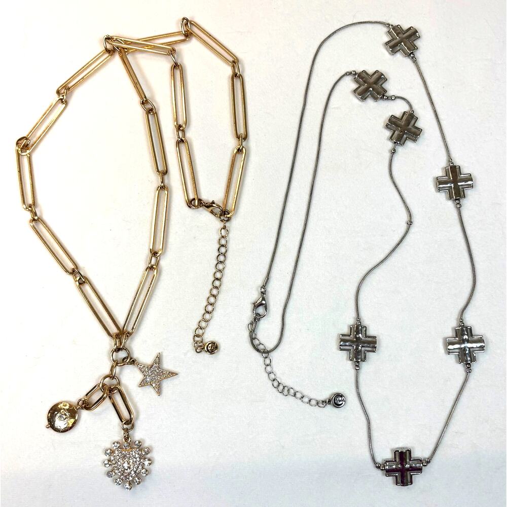 CATO 1946 Necklace Lot Gold Paperclip Charms Silver Cross Stations 2pc